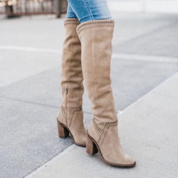 Vince Camuto Western Taupe Leather Over Knee Boot - Picture 4 of 10